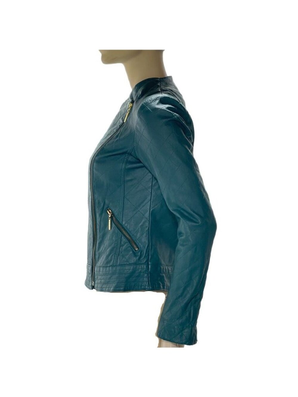 Iman Teal Leather Asymmetrical Moto Jacket XS Zipper Pockets Womens Size Small - Picture 8 of 13